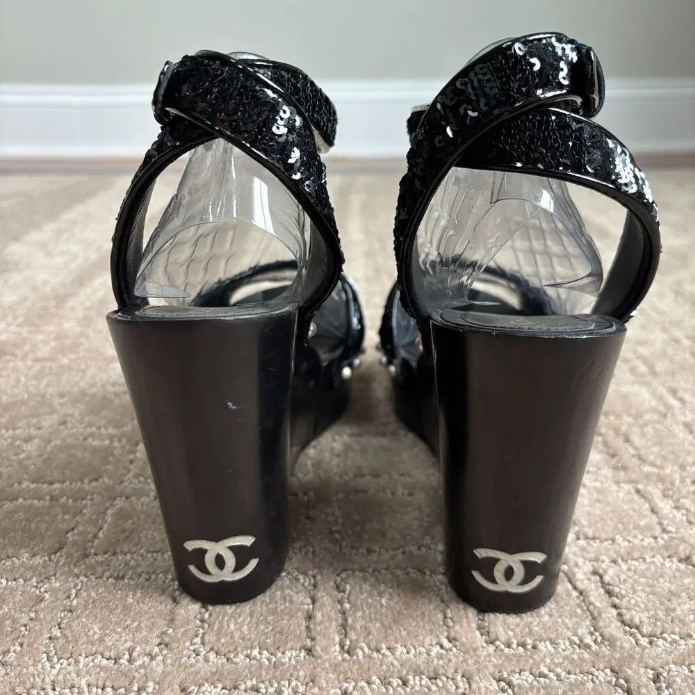 CHANEL 2016 Black Sequin Pearl Studded Wedge Sandals 38.5 Hinged Wood Platform